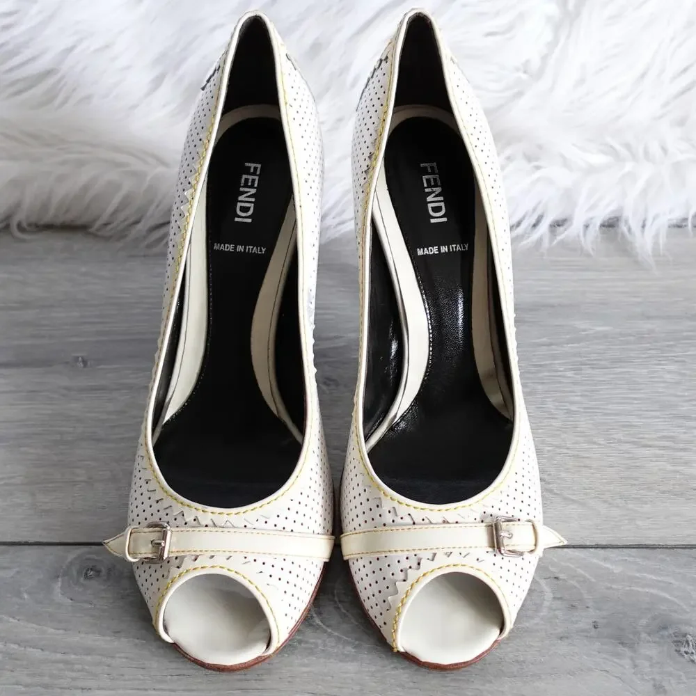 Fendi White and Cream Patent Leather Peep-Toe Heels